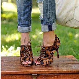 Women Leopard Lace up Peep Toe Heels Ankle Booties